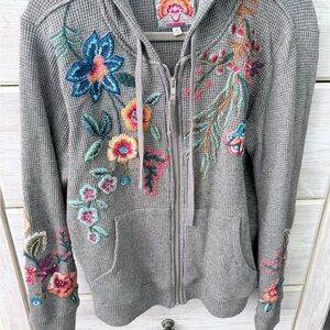 Johnny Was Gray Hoodie with Floral Embroidery - Size Medium